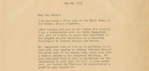 Carta de James Johnson Sweeney a Frank Lloyd Wright, fechada el 29 de mayo de 1953/ Photo Credits: Solomon R. Guggenheim Archives, New York